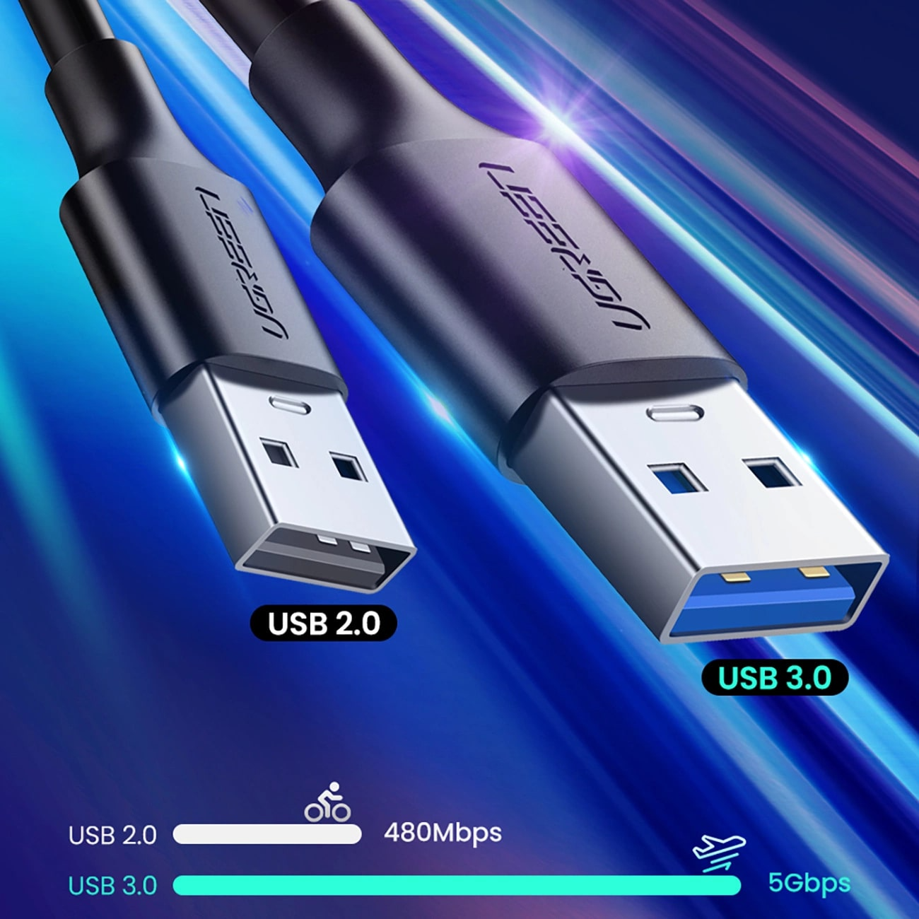 Cabo de Dados e Carregamento USB-A - USB-C UGREEN US184, 18W, 0.5m, Preto