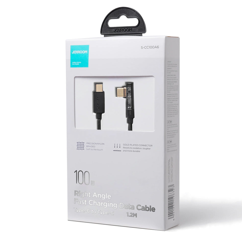 Cabo de Dados e Carregamento USB-C - USB-C Joyroom S-A6 Angled, 100W, 1.2m, Preto