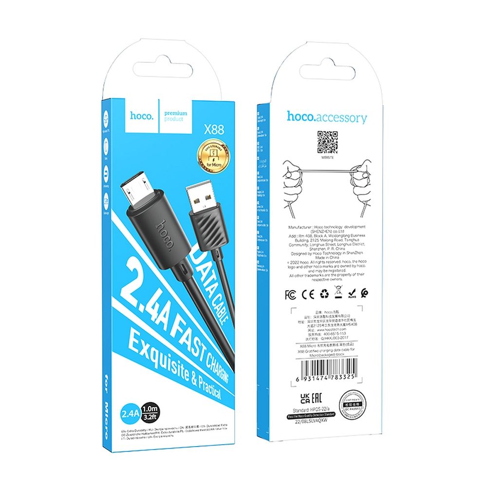 HOCO X88 Cabo de carregamento e dados USB-A - microUSB, 18W, 1m, preto