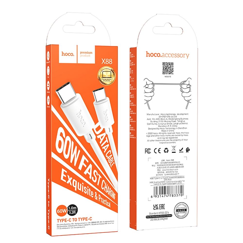 Cabo de carregamento e dados USB-C - USB-C HOCO X88, 60W, 1m, branco