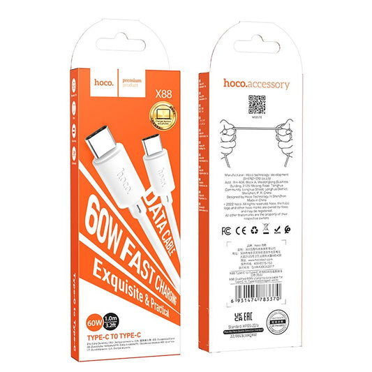 Cabo de carregamento e dados USB-C - USB-C HOCO X88, 60W, 1m, branco