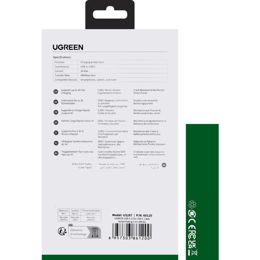 Cabo de carregamento e transmissão de dados USB-A - USB-C UGREEN US287, 60W, 0,5m, Branco
