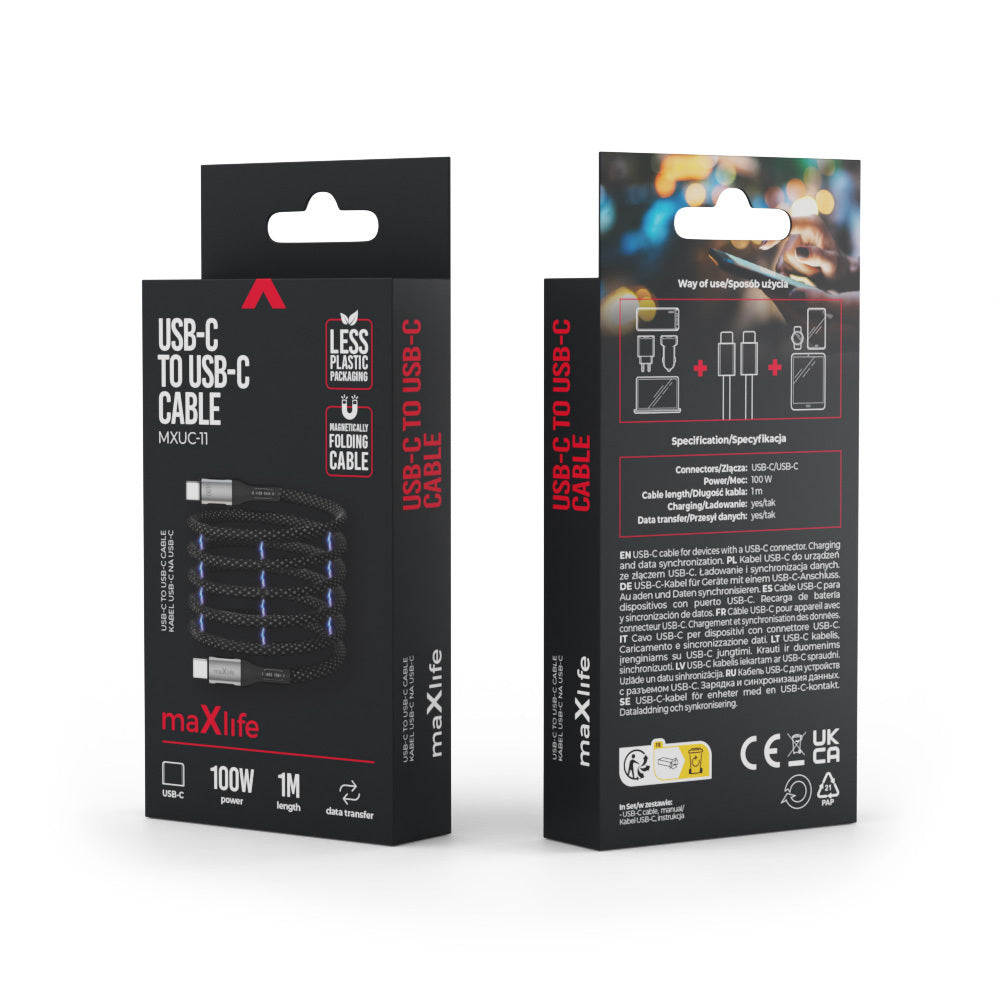 Cabo de Dados e Carregamento USB-C - USB-C MaXlife MXUC-11 Magnético, 100W, 1m, Preto