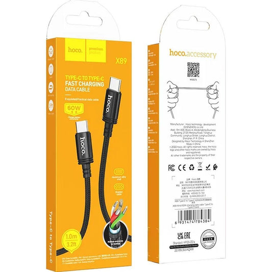 Cabo de Dados e Carregamento USB-C - USB-C HOCO X89, 60W, 1m, Preto