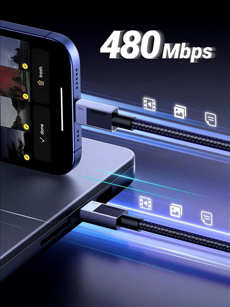 Cabo de Dados e Carregamento USB-C - USB-C UGREEN L512, 100W, 3m, Cinzento
