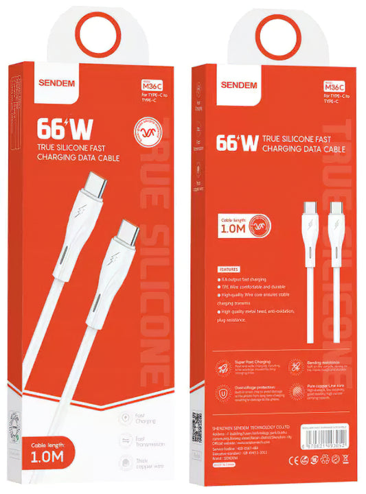 Cabo de Dados e Carregamento USB-C - USB-C Sendem M36C, 66W, 1m, Branco