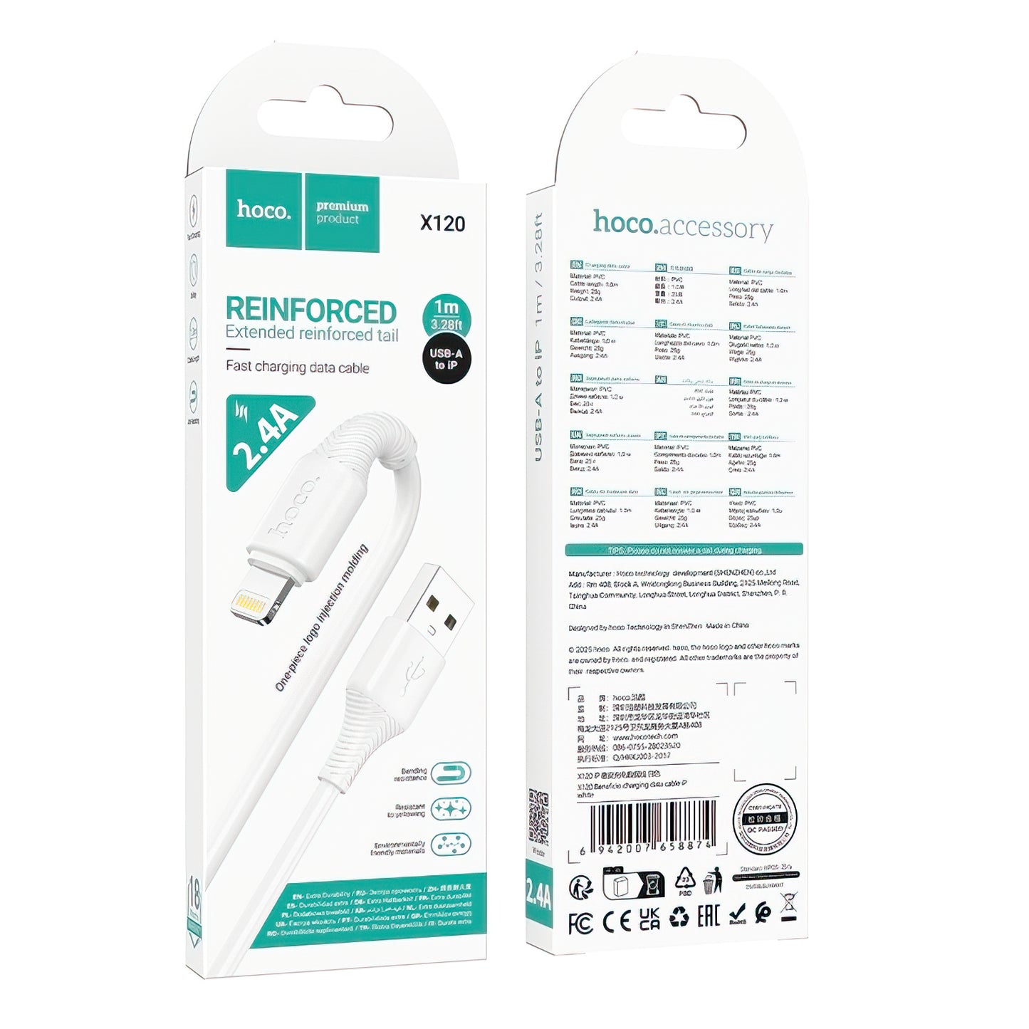 Cabo de Dados e Carregamento USB-A - Lightning HOCO X120, 18W, 1m, Branco