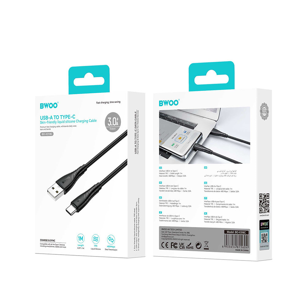 Cabo de Dados e Carregamento USB-A - USB-C BWOO BO-X318C, 27W, 1m, Preto