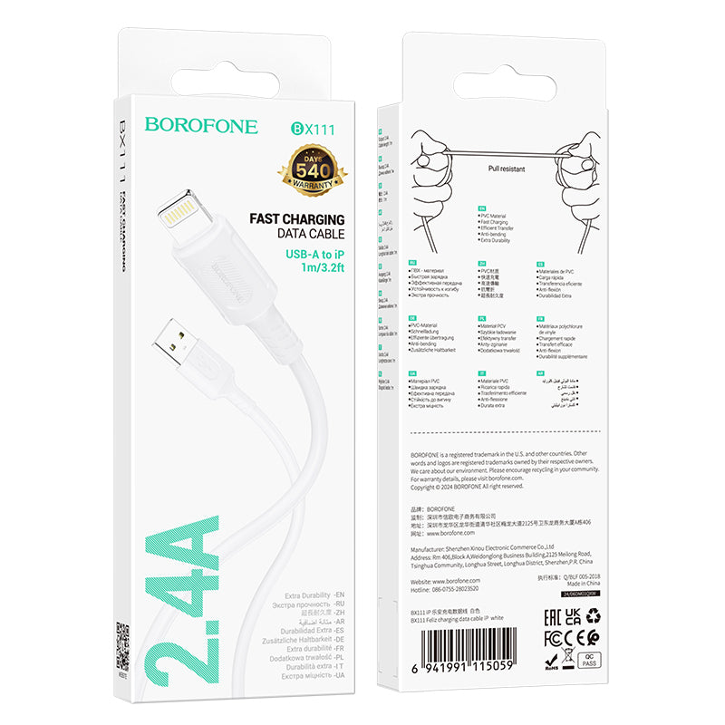 Cabo de Dados e Carregamento USB-A - Lightning Borofone BX111 Feliz, 18W, 1m, Branco