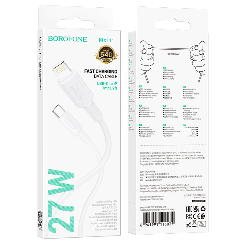 Cabo de Dados e Carregamento USB-C - Lightning Borofone BX111 Feliz, 27W, 1m, Branco
