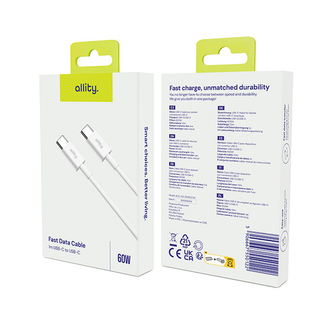 Cabo de Dados e Carregamento USB-C - USB-C Allity. AUC-03, 100W, 2m, Branco
