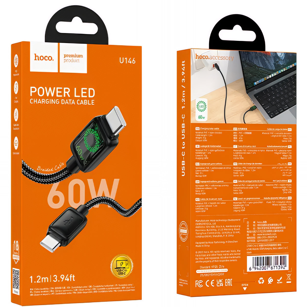 Cabo de Dados e Carregamento USB-C - USB-C HOCO U146, 60W, 1.2m, Preto
