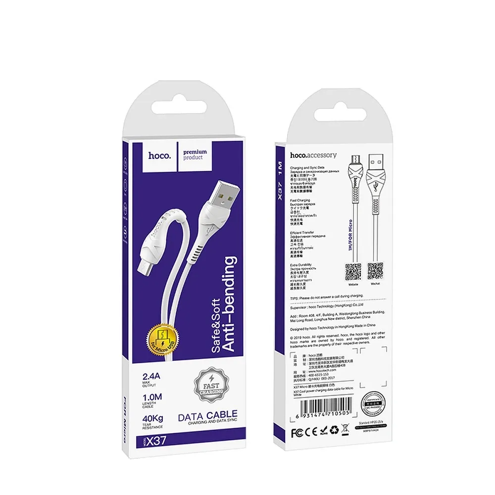 Cabo de Dados e Carregamento USB-A - microUSB HOCO X37, 18W, 1m, Branco