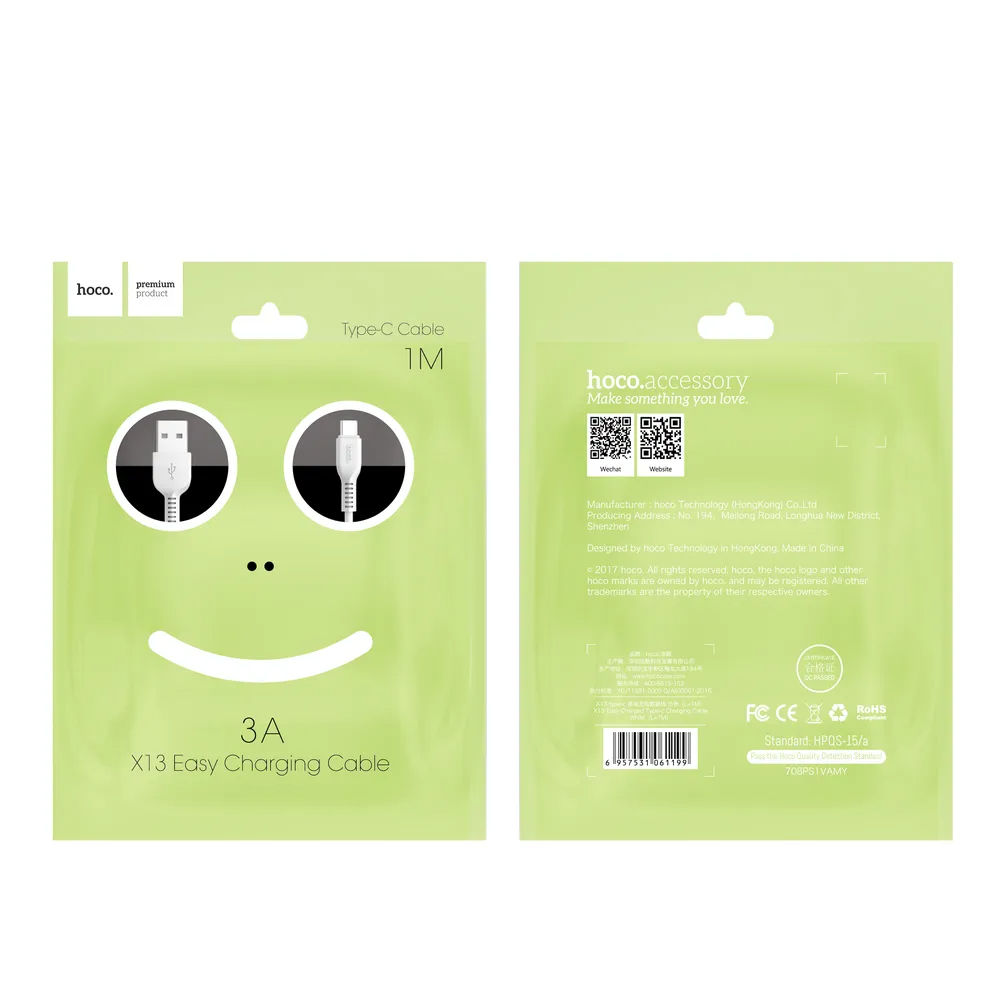 Cabo de Dados e Carregamento USB-A - USB-C HOCO X13 Easy, 18W, 1m, Preto