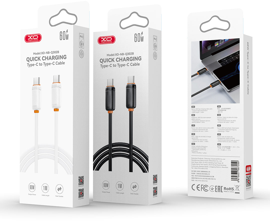 Cabo de Dados e Carregamento USB-C - USB-C XO Design NB-Q302B, 60W, 1m, Branco