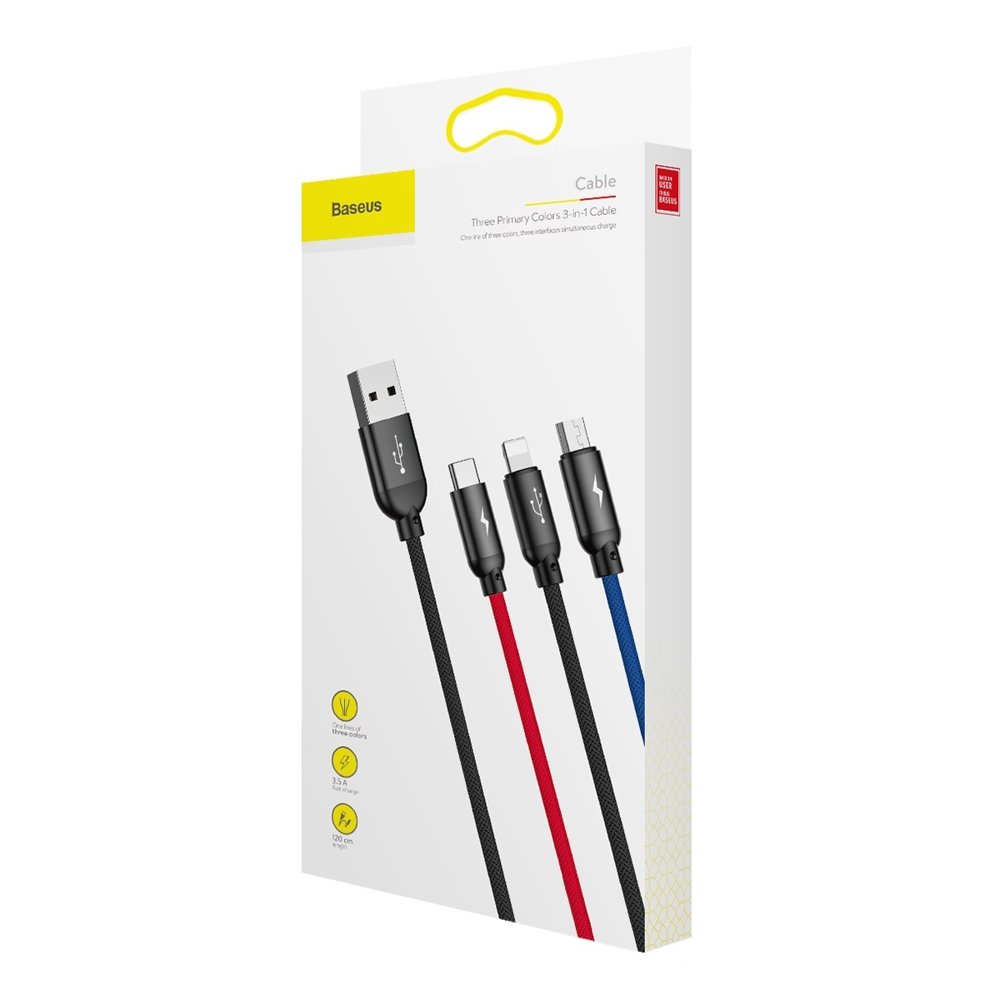 Cabo de Carregamento USB-A - Lightning / microUSB / USB-C Baseus Colors 3in1, 20W, 1.2m, Preto CAMLT-BSY01