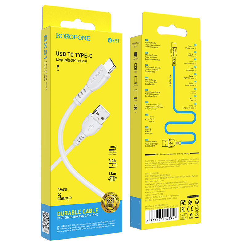 Cabo de Dados e Carregamento USB-A - USB-C Borofone BX51 Triumph, 20W, 1m, Branco