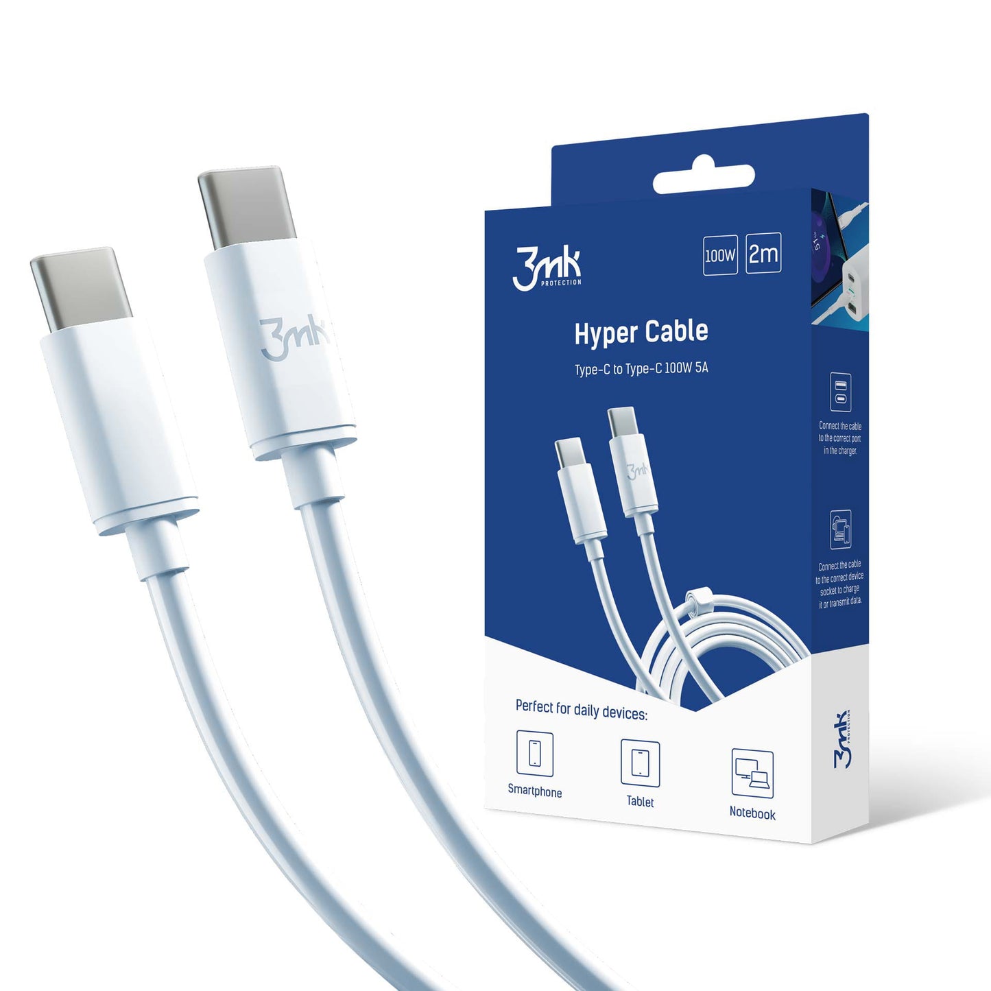 Cabo de Dados e Carregamento USB-C - USB-C 3MK Hyper, 100W, 2m, Branco