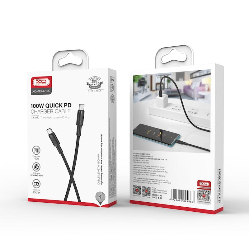 Cabo de Dados e Carregamento USB-C - USB-C XO Design NB-Q199, 100W, 1.5m, Preto