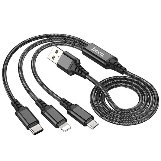 Cabo de Carregamento USB-A - Lightning / microUSB / USB-C HOCO X76 3em1, 18W, 1m, Preto