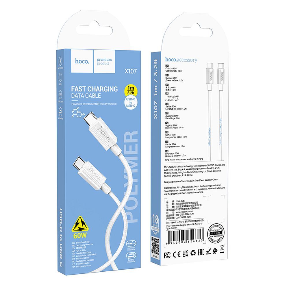 Cabo de Dados e Carregamento USB-C - USB-C HOCO X107, 60W, 1m, Branco