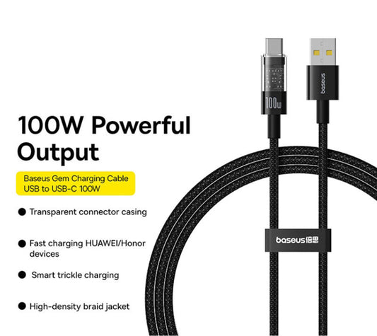 Cabo de Dados e Carregamento USB-A - USB-C Baseus Gem, 100W, 2m, Preto P10373002111-01