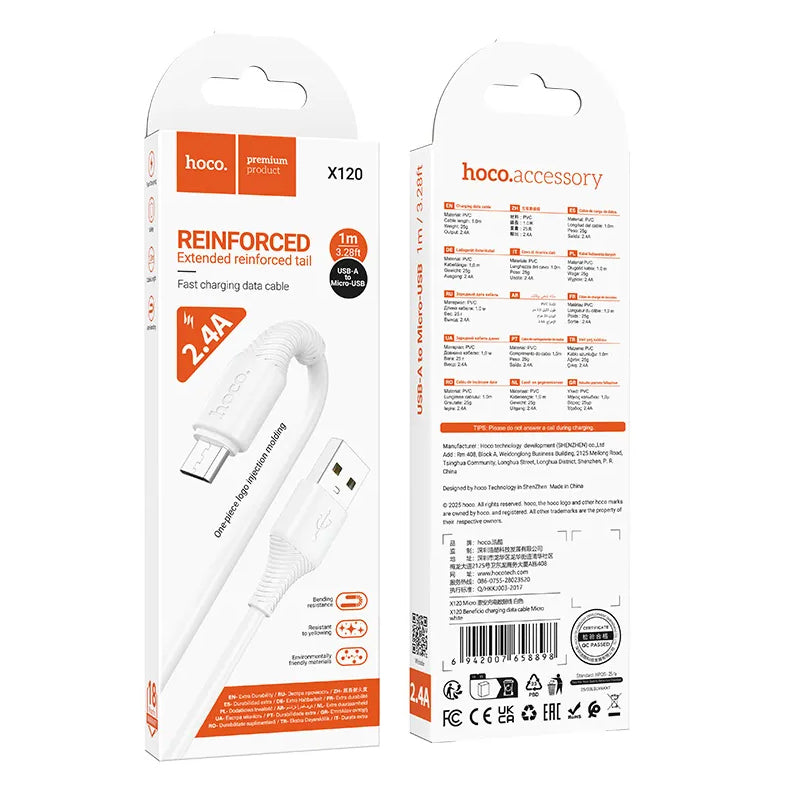 Cabo de Dados e Carregamento USB-A - microUSB HOCO X120, 18W, 1m, Branco