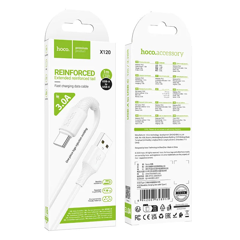 Cabo de Dados e Carregamento USB-A - USB-C HOCO X120, 60W, 1m, Branco