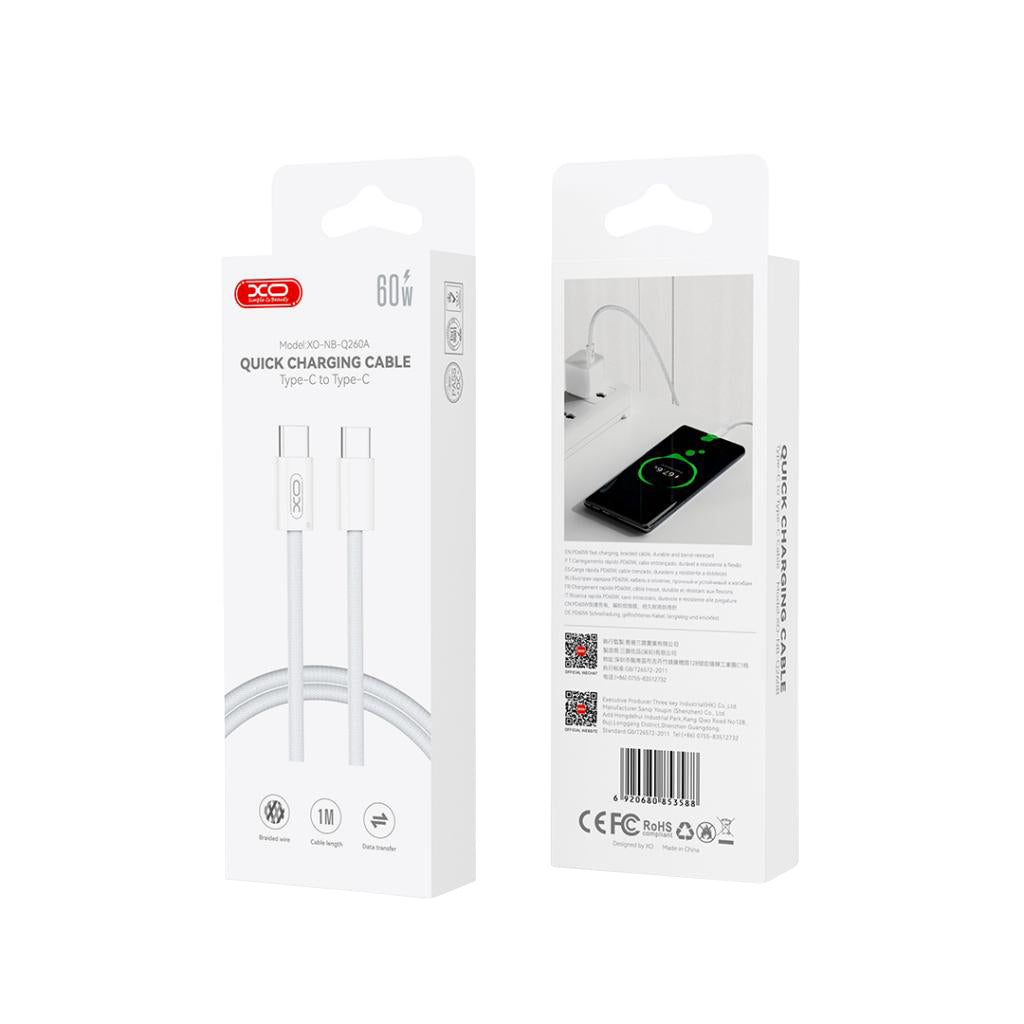 Cabo de Dados e Carregamento USB-C - USB-C XO Design NB-Q260B, 60W, 1.5m, Branco