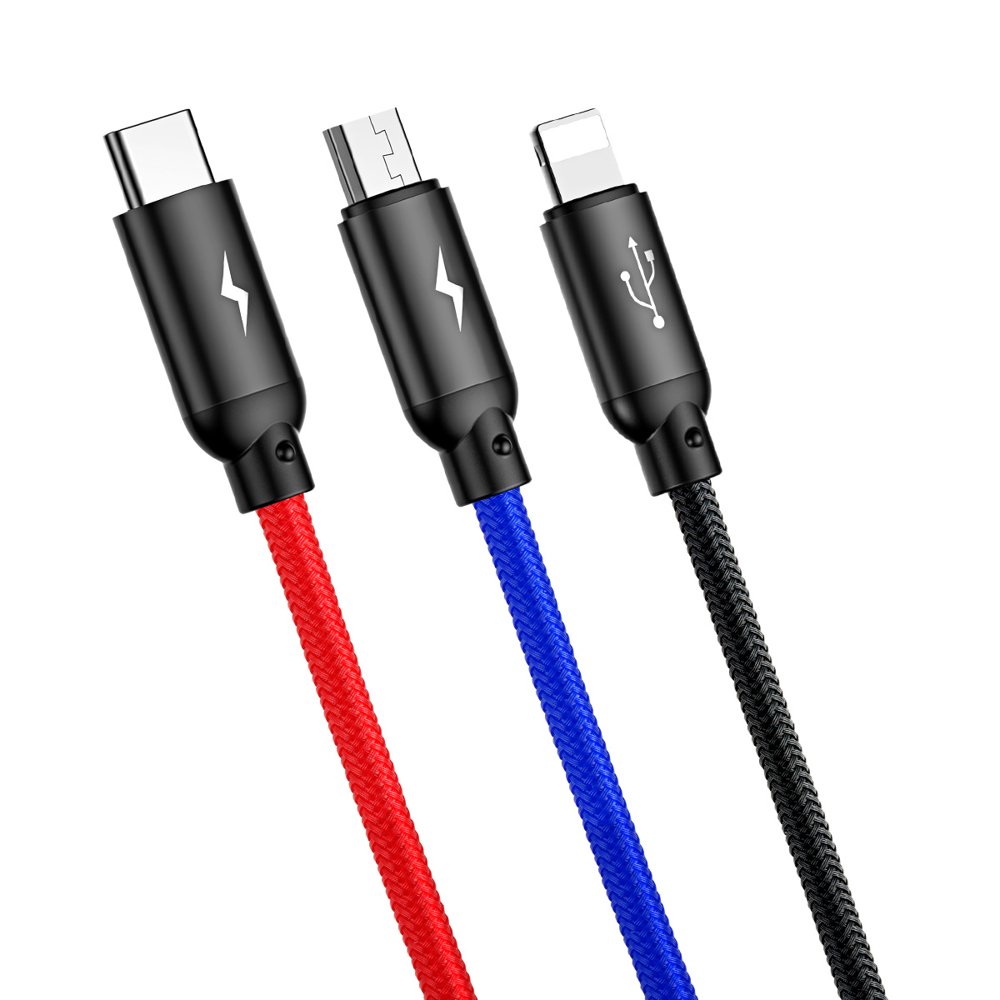 Cabo de Carregamento USB-A - Lightning / microUSB / USB-C Baseus Colors 3in1, 20W, 1.2m, Preto CAMLT-BSY01