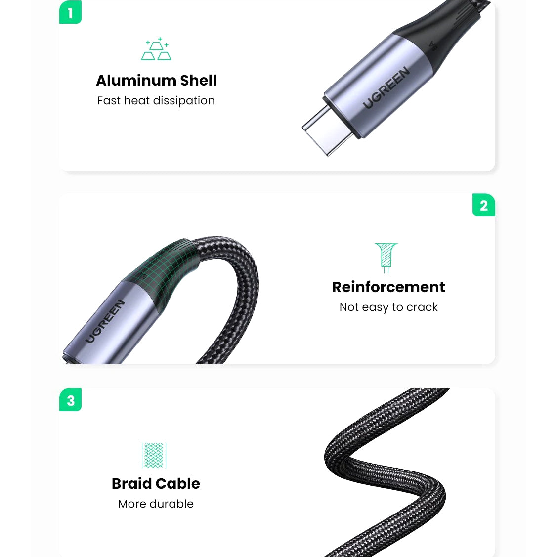 Cabo de carregamento e dados USB-C - USB-C UGREEN US355, 100W, 1m, Preto