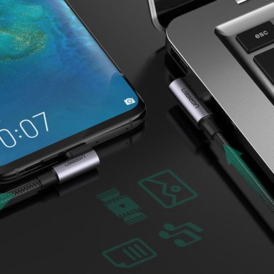 Cabo de carregamento e dados USB-A para USB-C UGREEN US255 Angular, 60W, 1m, Cinzento