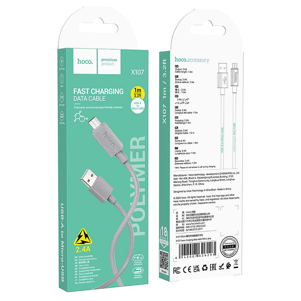 Cabo de Dados e Carregamento USB-A - microUSB HOCO X107, 18W, 1m, Cinzento