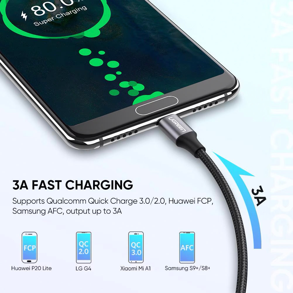 Cabo de Dados e Carregamento USB-A - USB-C UGREEN US288, 18W, 0.5m, Preto