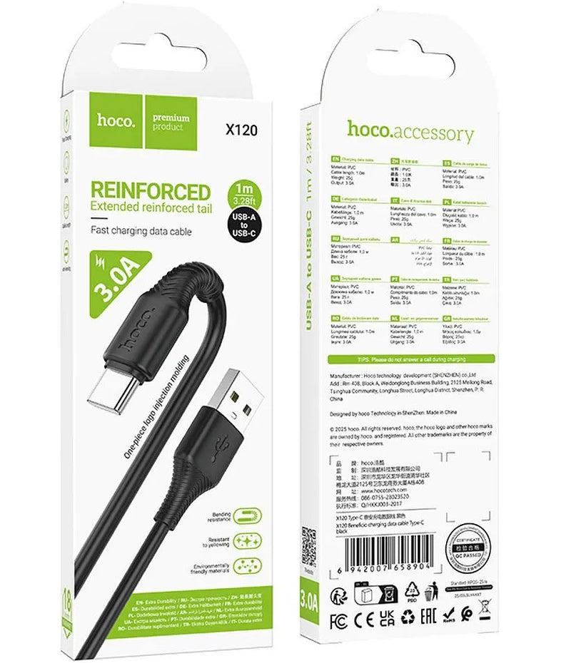 Cabo de Dados e Carregamento USB-A - USB-C HOCO X120, 60W, 1m, Preto