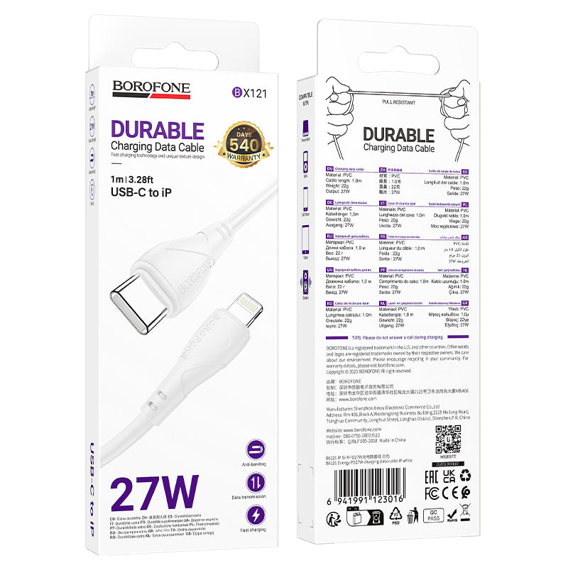 Cabo de Dados e Carregamento USB-C - Lightning Borofone BX121 Energy, 27W, 1m, Branco