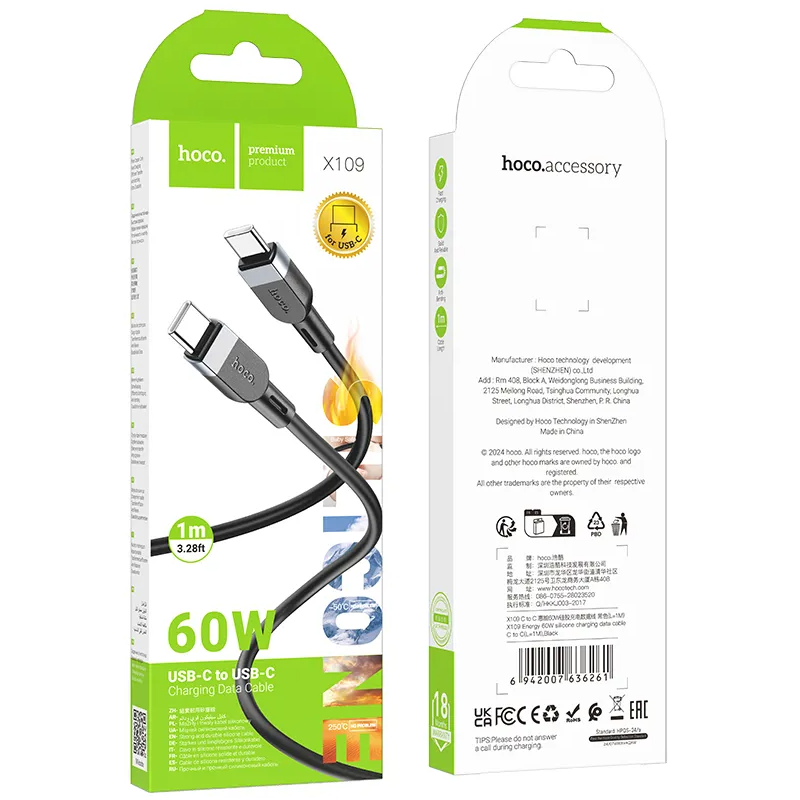Cabo de Dados e Carregamento USB-C - USB-C HOCO X109, 60W, 1m, Preto