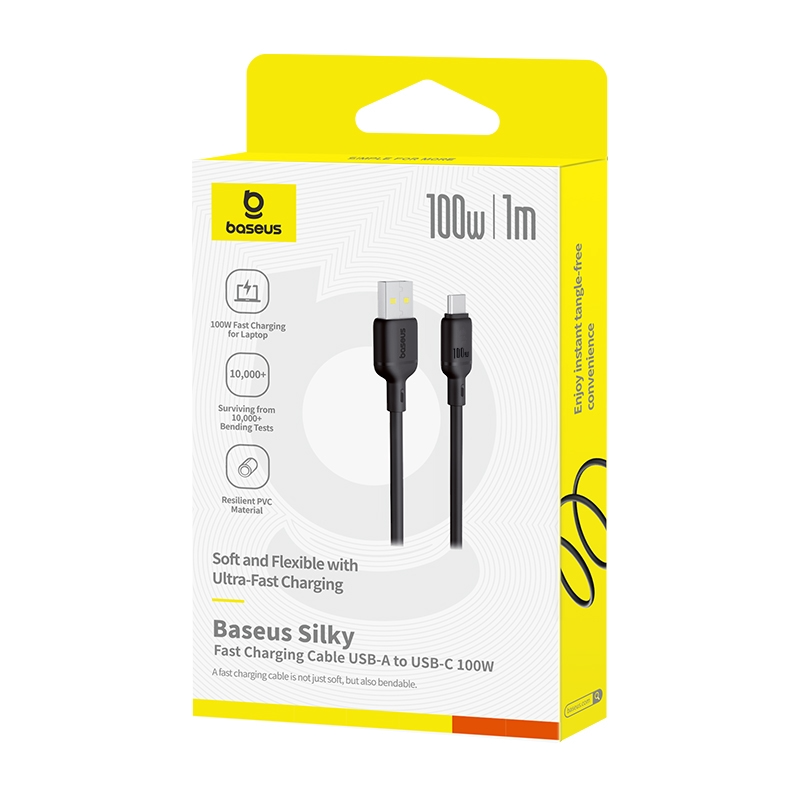 Cabo de Dados e Carregamento USB-A - USB-C Baseus Silky, 100W, 1m, Preto P10377703113-00