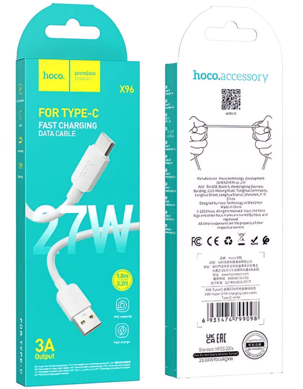 Cabo de Dados e Carregamento USB-A - USB-C HOCO X96, 27W, 1m, Branco