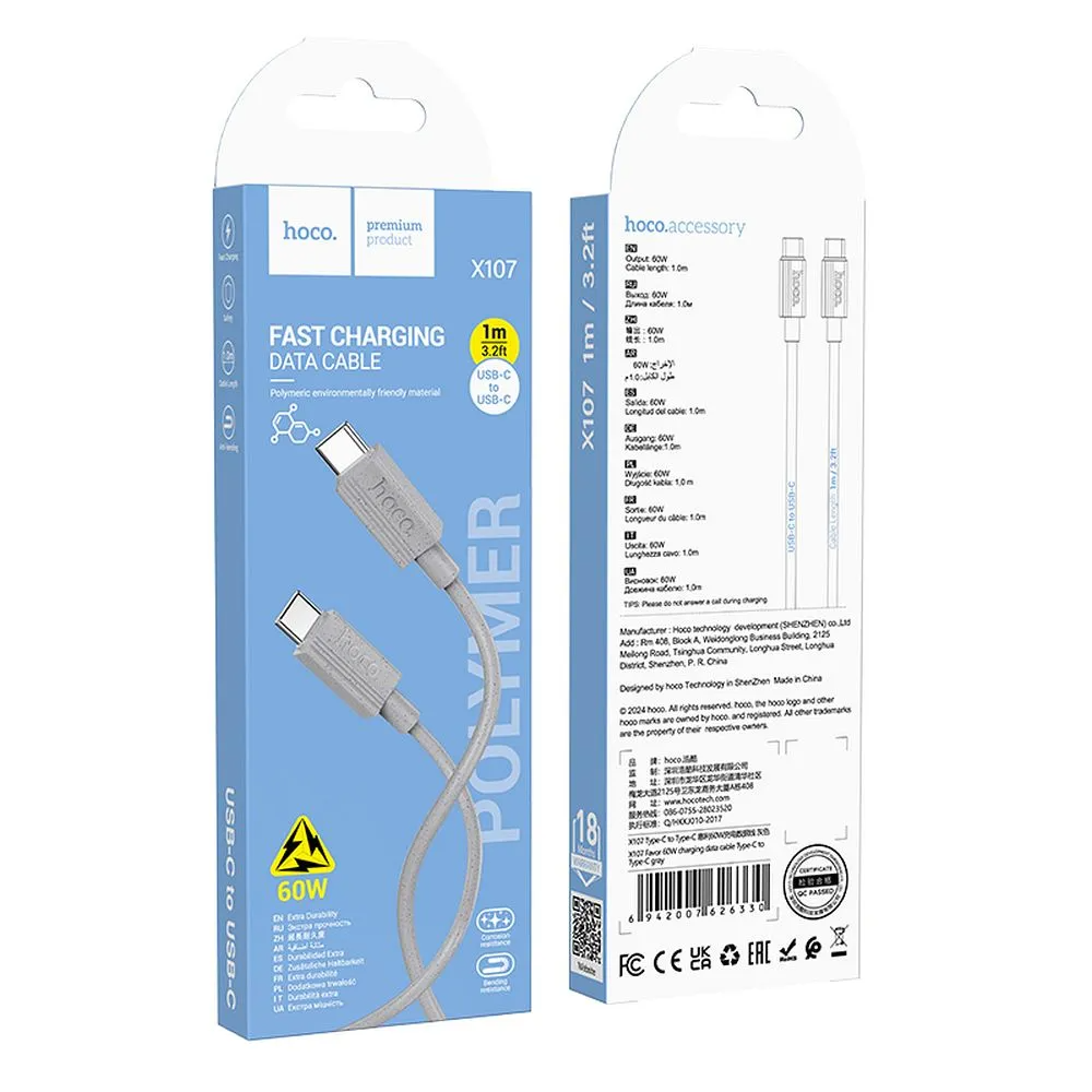 Cabo de Dados e Carregamento USB-C - USB-C HOCO X107, 60W, 1m, Cinzento