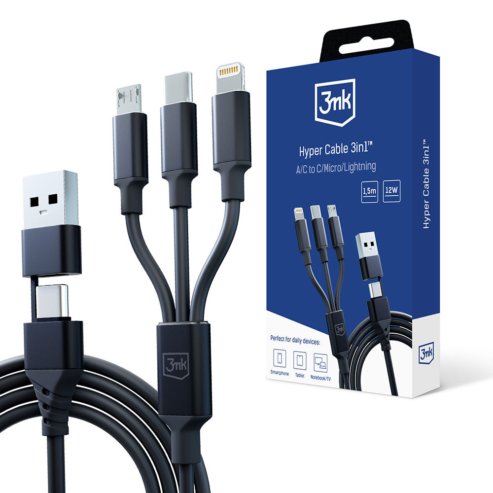 Cabo de Carregamento USB-A / USB-C - Lightning / microUSB / USB-C 3MK Hyper 3in1, 12W, 1.5m, Preto