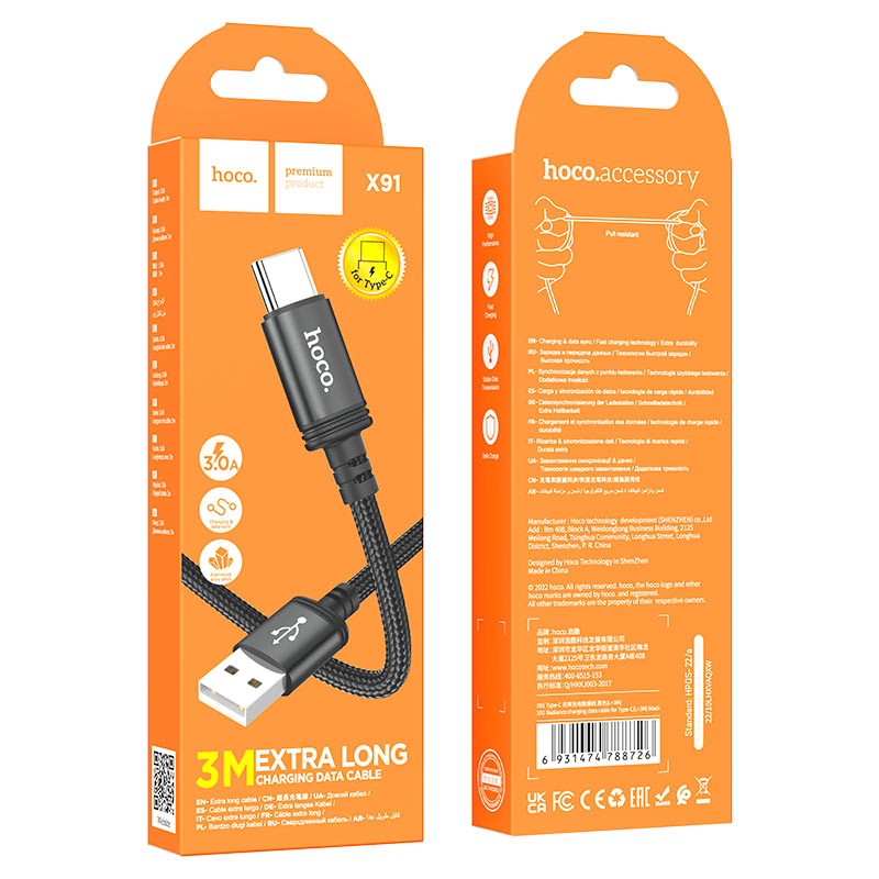 Cabo de Dados e Carregamento USB-A - USB-C HOCO X91, 18W, 3m, Preto