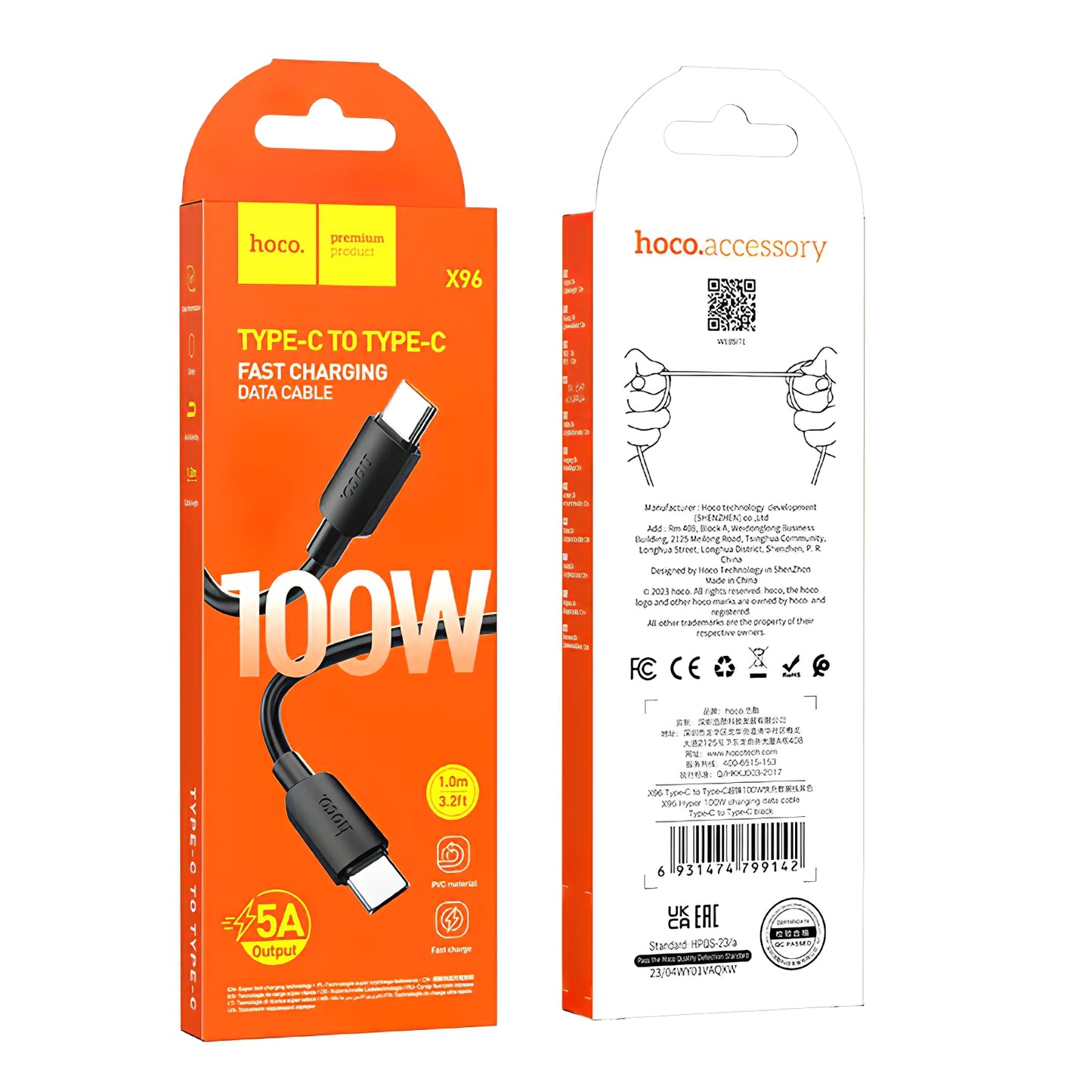 Cabo de Dados e Carregamento USB-C - USB-C HOCO X96, 100W, 1m, Preto