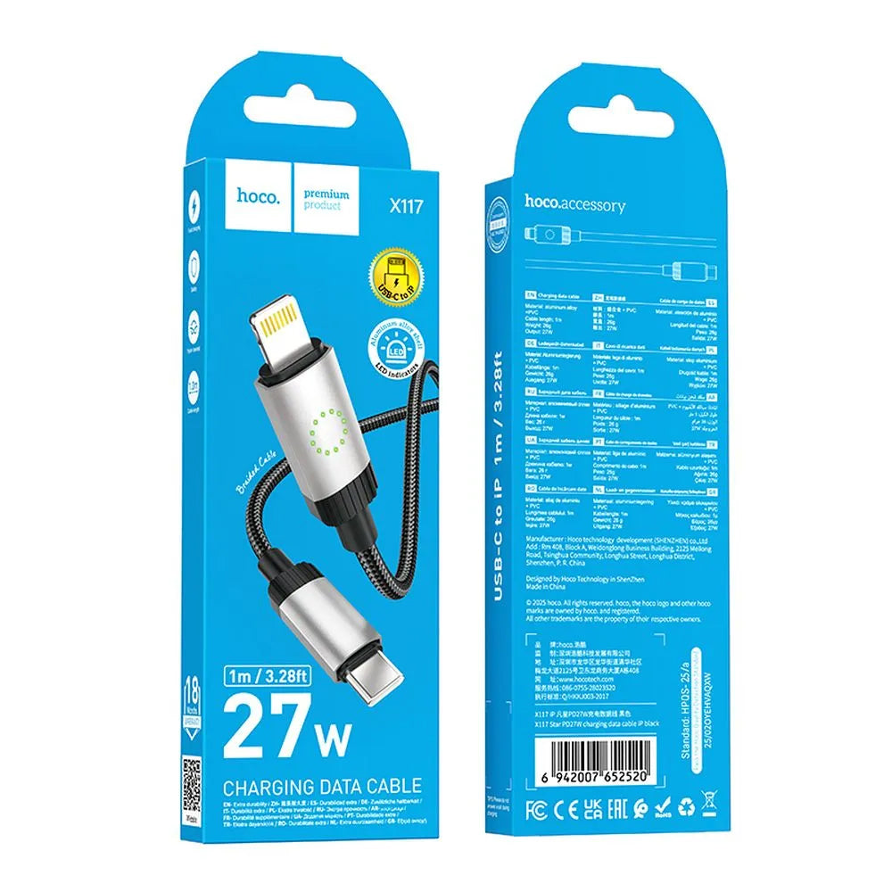 Cabo de Dados e Carregamento USB-C - Lightning HOCO X117, 27W, 1m, Preto