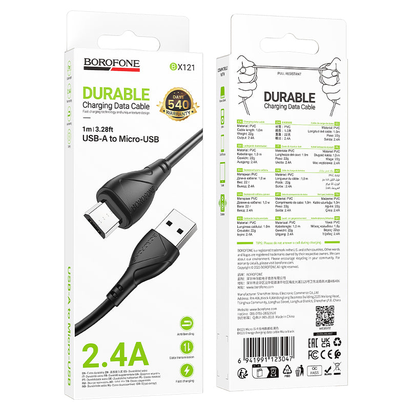 Cabo de Dados e Carregamento USB-A - microUSB Borofone BX121 Energy, 18W, 1m, Preto