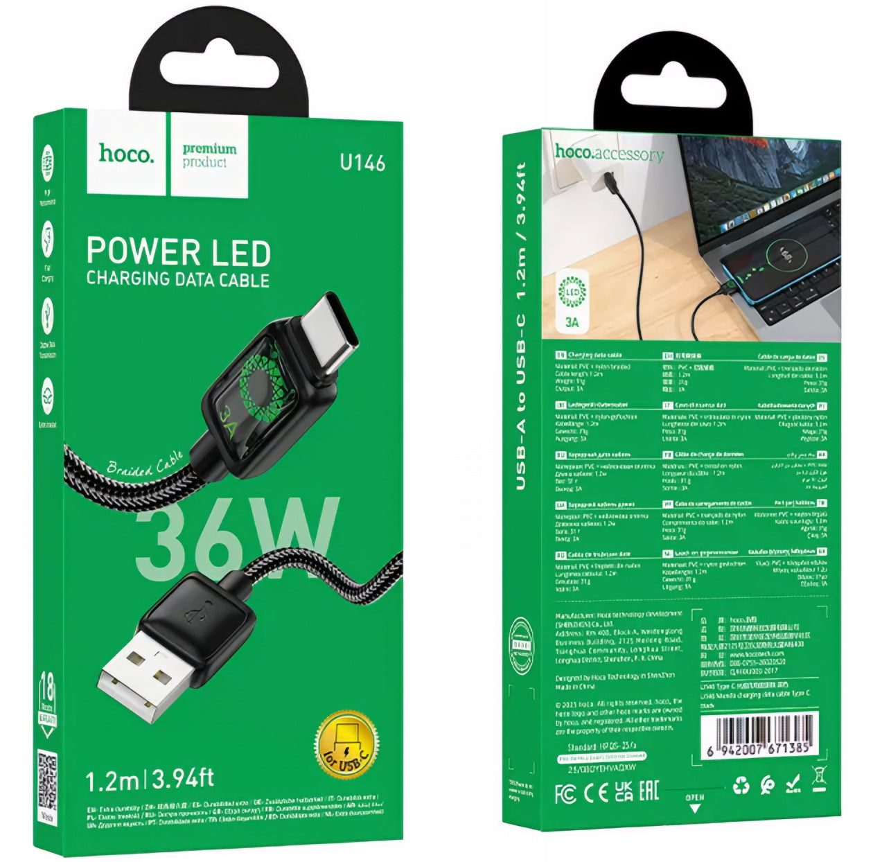 Cabo de Dados e Carregamento USB-A - USB-C HOCO U146, 36W, 1.2m, Preto