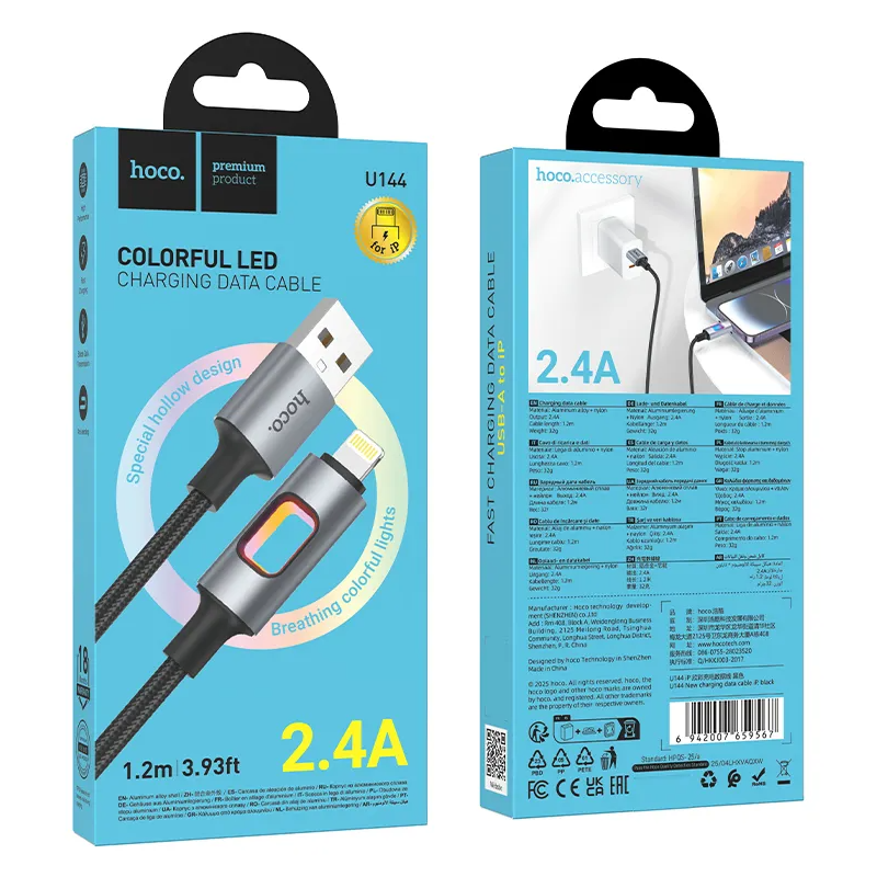 Cabo de Dados e Carregamento USB-A - Lightning HOCO U144 Led, 18W, 1.2m, Preto