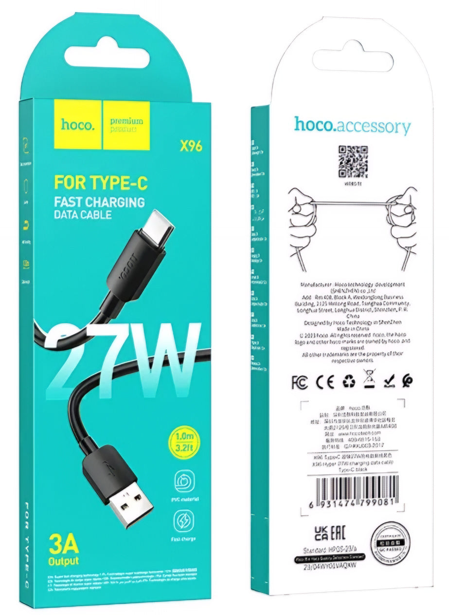 Cabo de Dados e Carregamento USB-A - USB-C HOCO X96, 27W, 1m, Preto