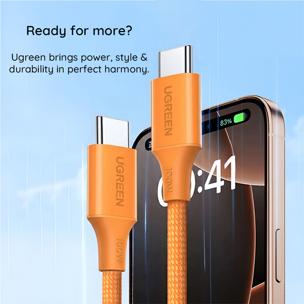 Cabo de Dados e Carregamento USB-C - USB-C UGREEN L502, 100W, 1m, Laranja