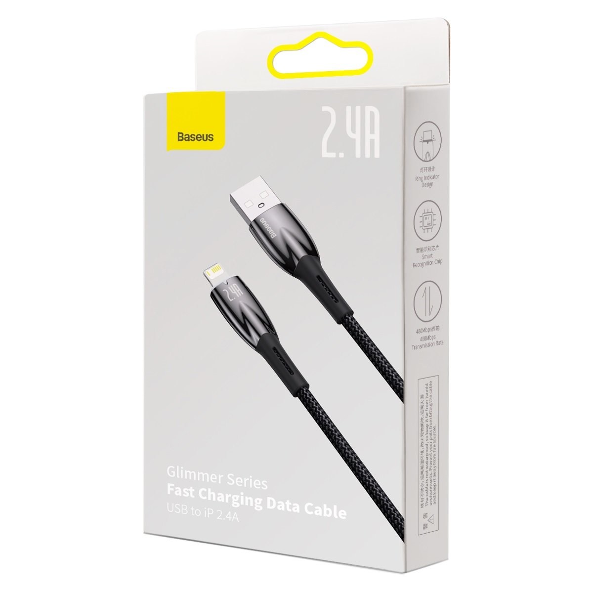 Baseus Glimmer Series USB-A - Cabo de carregamento e dados Lightning, 20W, 2m, Preto